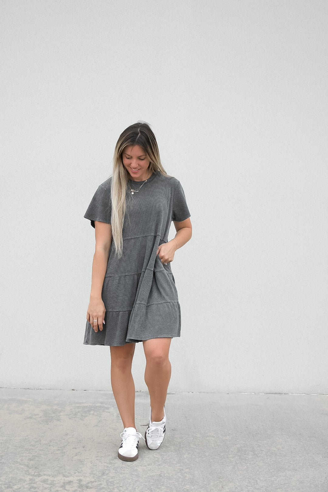 Womens Acid Wash Waffle Dress - Black