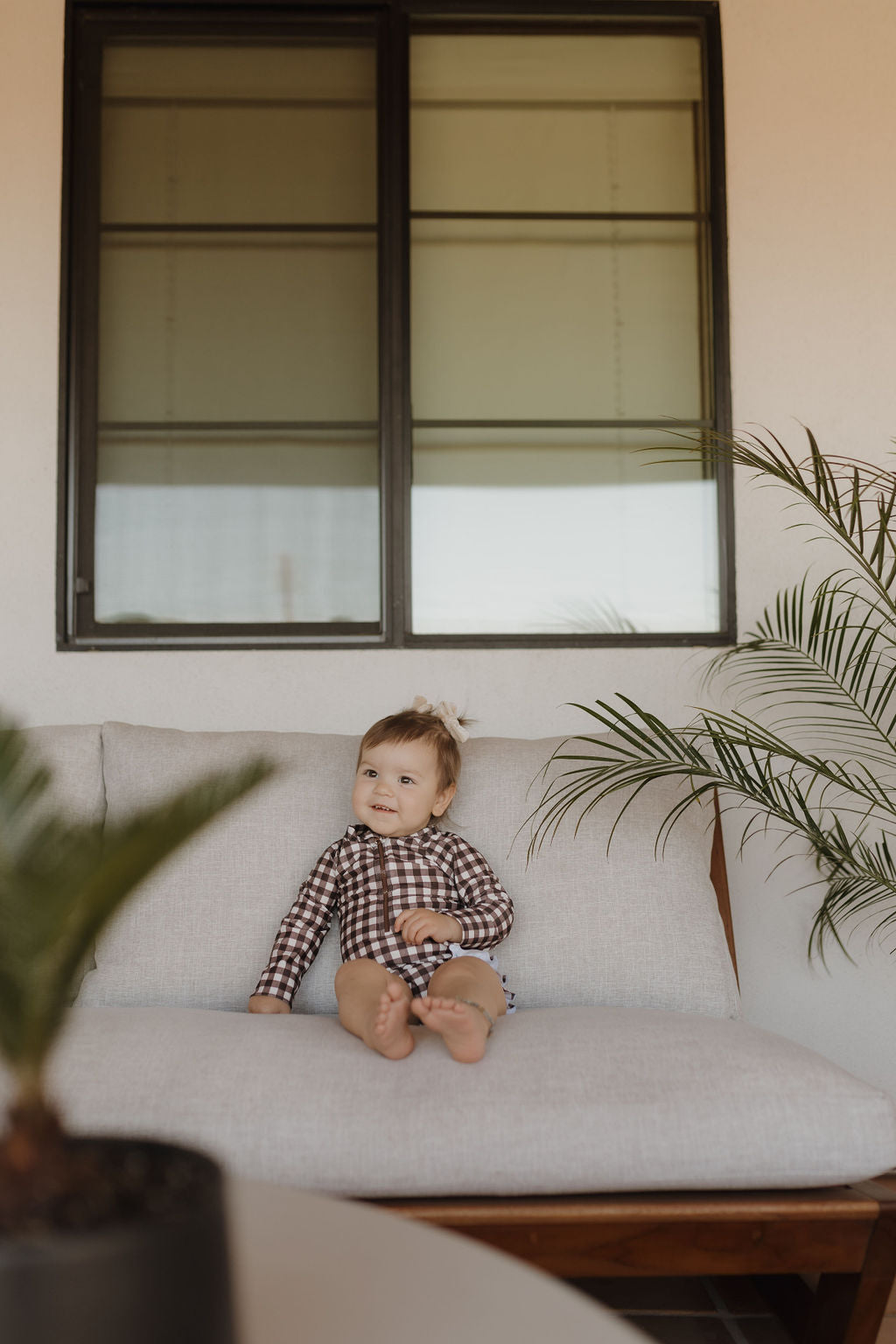 Girls Long Sleeve Swimsuit | Chocolate Gingham