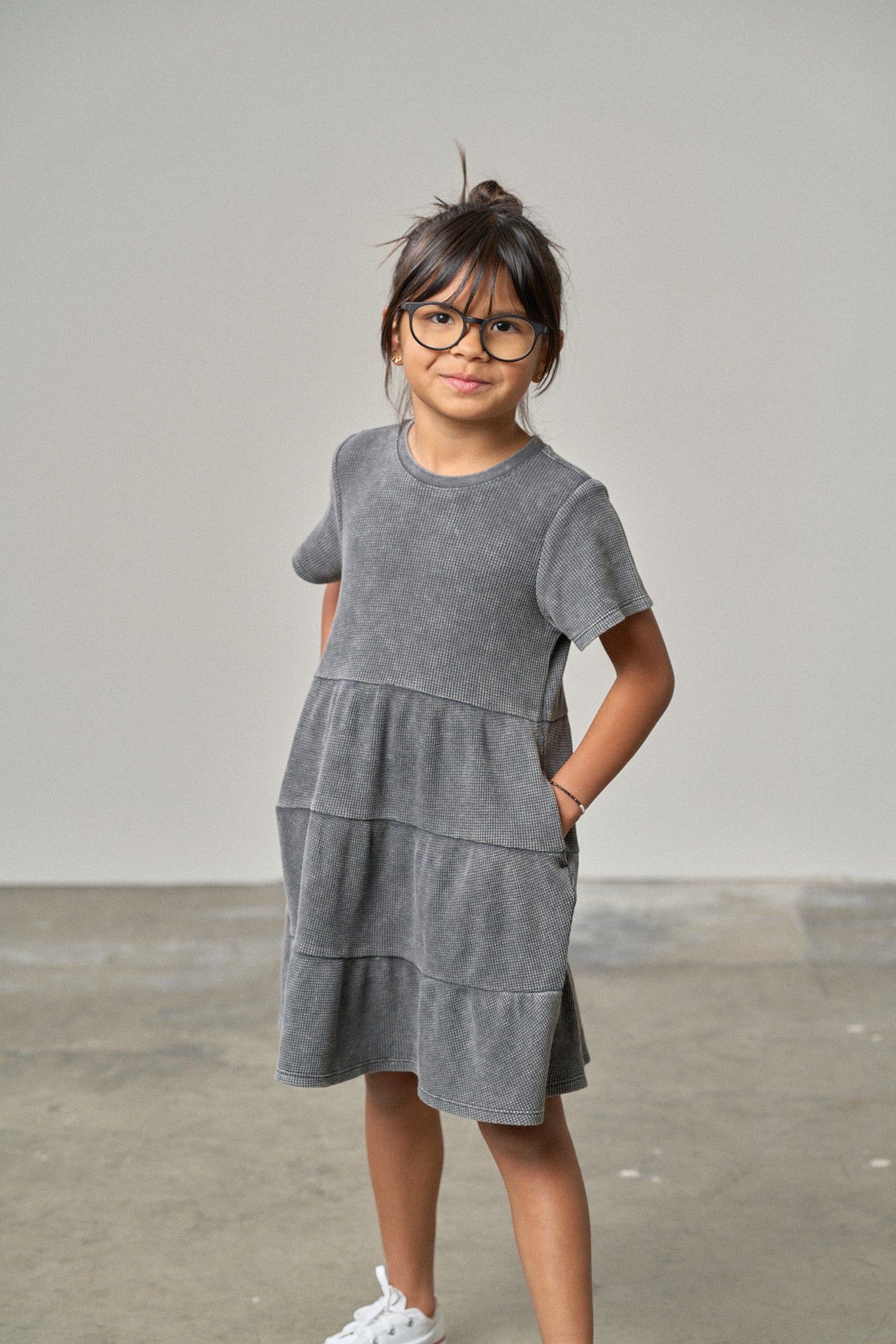Acid Wash Waffle Dress - Black
