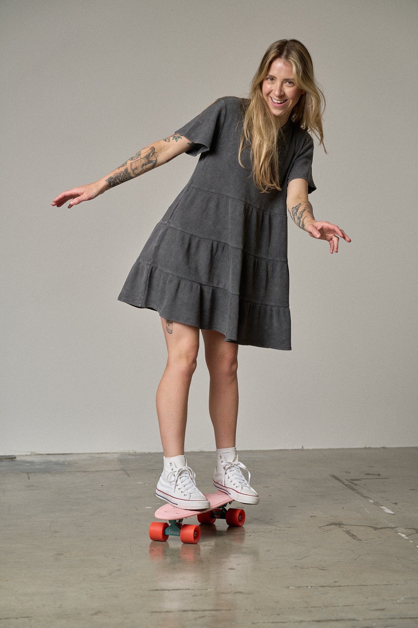Womens Acid Wash Waffle Dress - Black