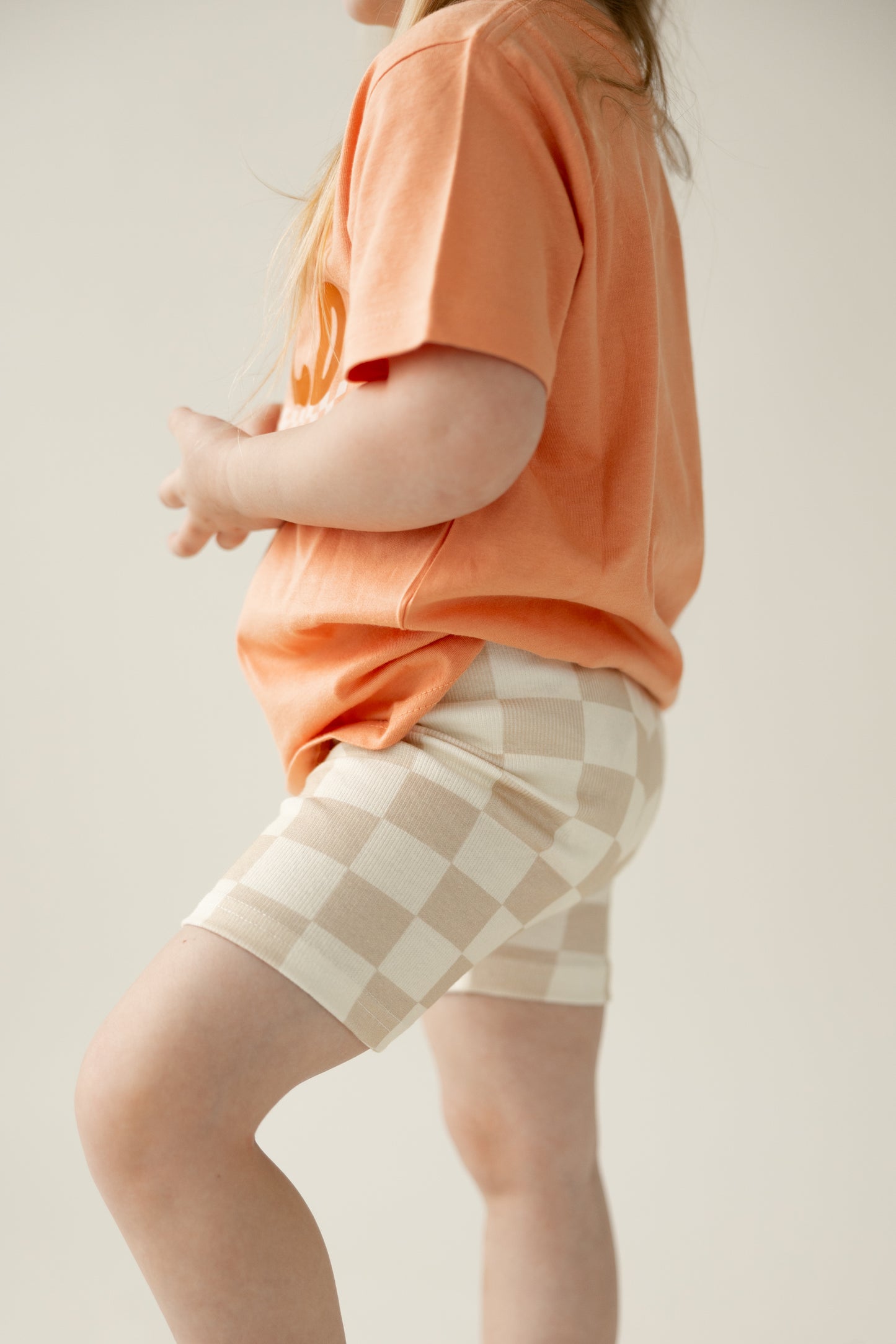 Cream Checkered Ribbed Biker Shorts