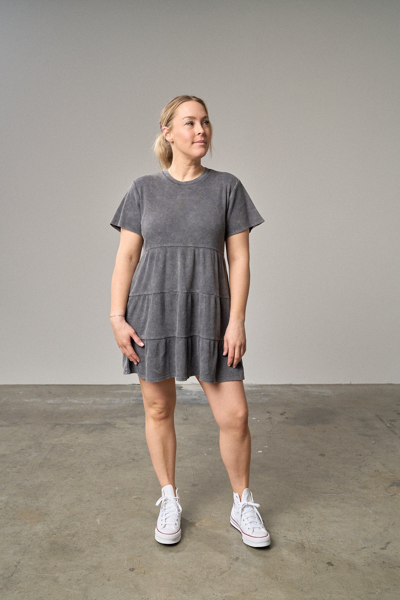 Womens Acid Wash Waffle Dress - Black