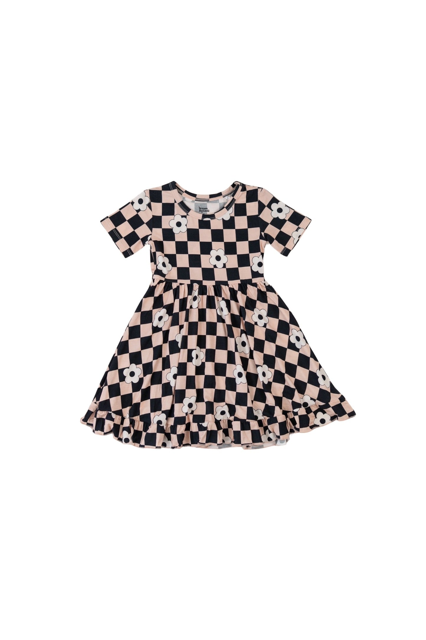 RETRO DAISY CHECKS DREAM SHORT SLEEVE RUFFLE DRESS