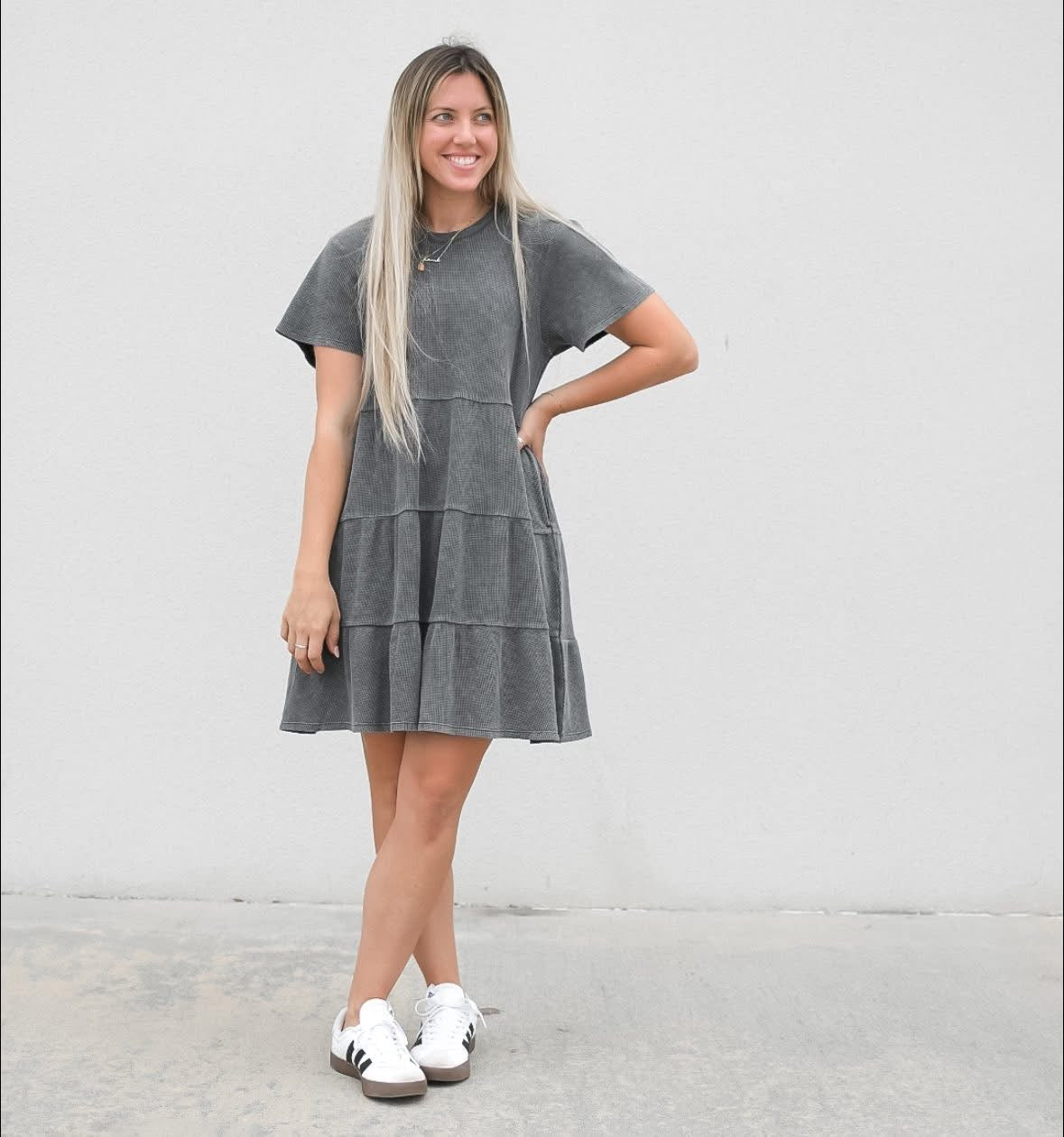 Womens Acid Wash Waffle Dress - Black