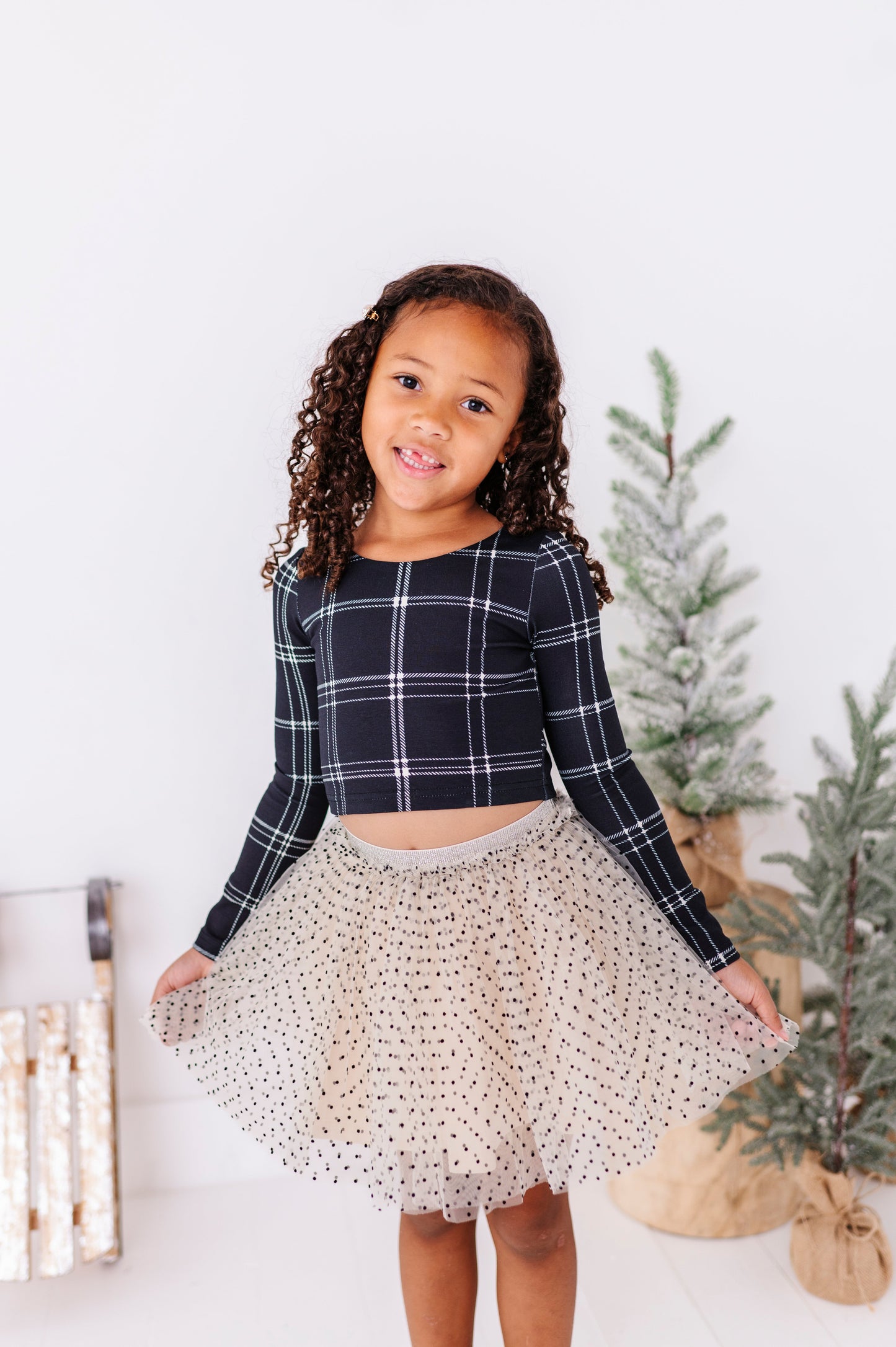 Black Plaid | CROPPED Bow Back Long Sleeve Top