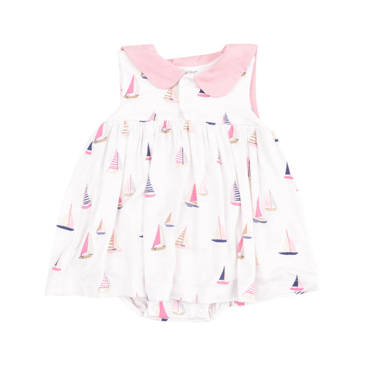 Sailor Bodysuit Dress with Embroidery - Sailboats Pink