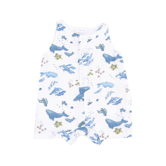 Sleevless Shortie Romper - Watercolor Blue Whales
