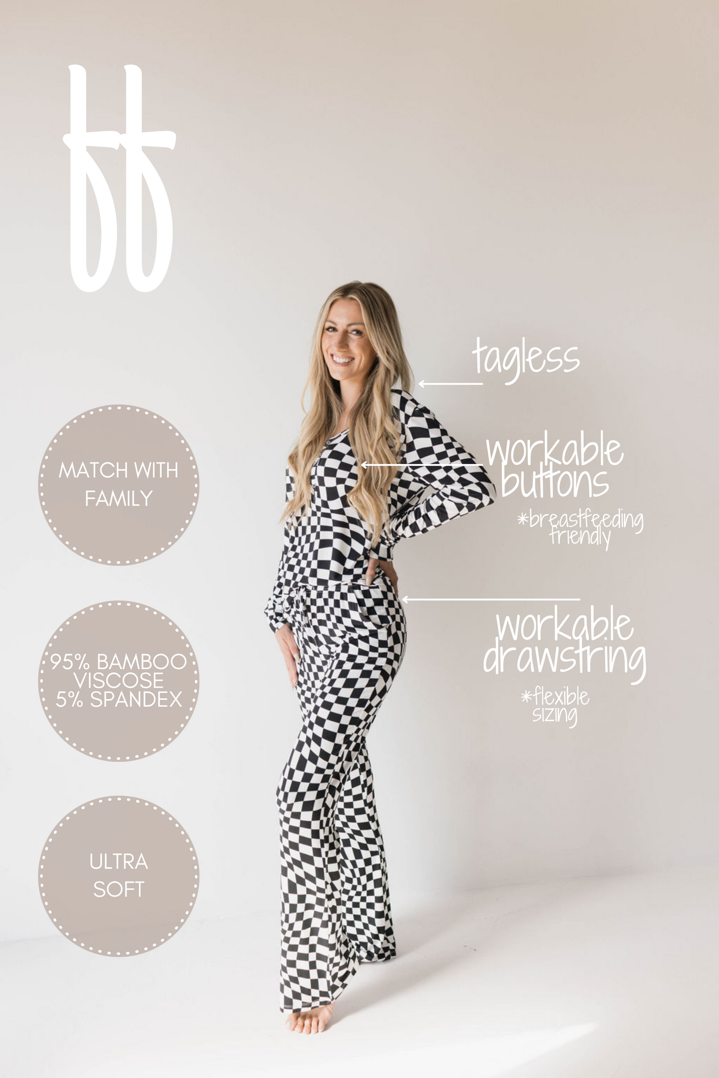 Women's Bamboo Pajamas | Black & White Wavy Checkerboard