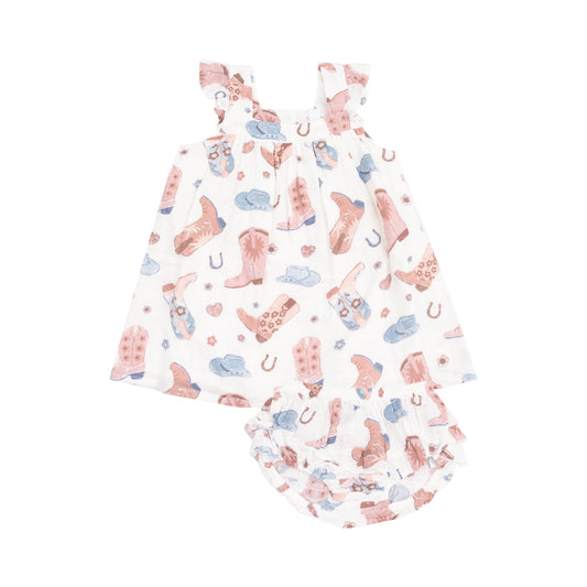 Sundress & Diaper Cover - Cowboy Boots Pink