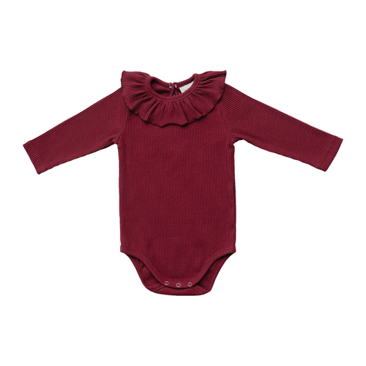 Burgundy Ribbed Ruffle Bodysuit