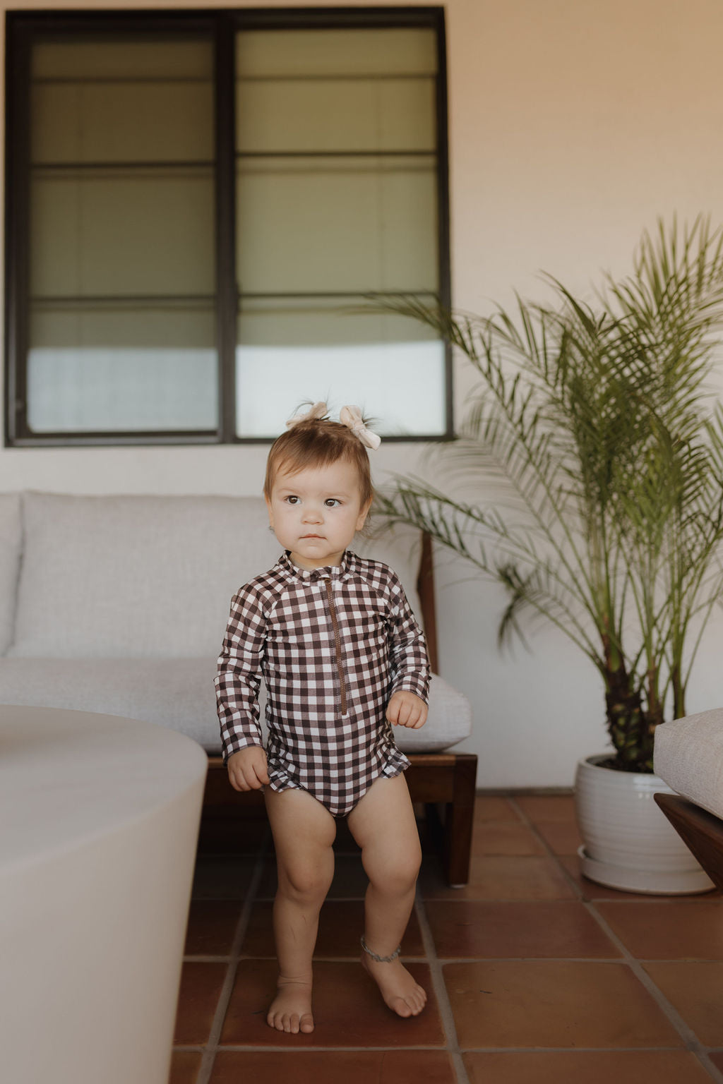 Girls Long Sleeve Swimsuit | Chocolate Gingham