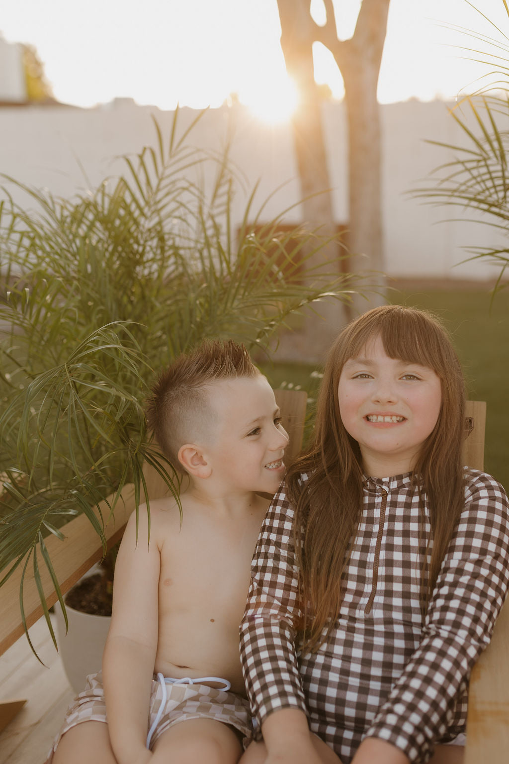 Girls Long Sleeve Swimsuit | Chocolate Gingham