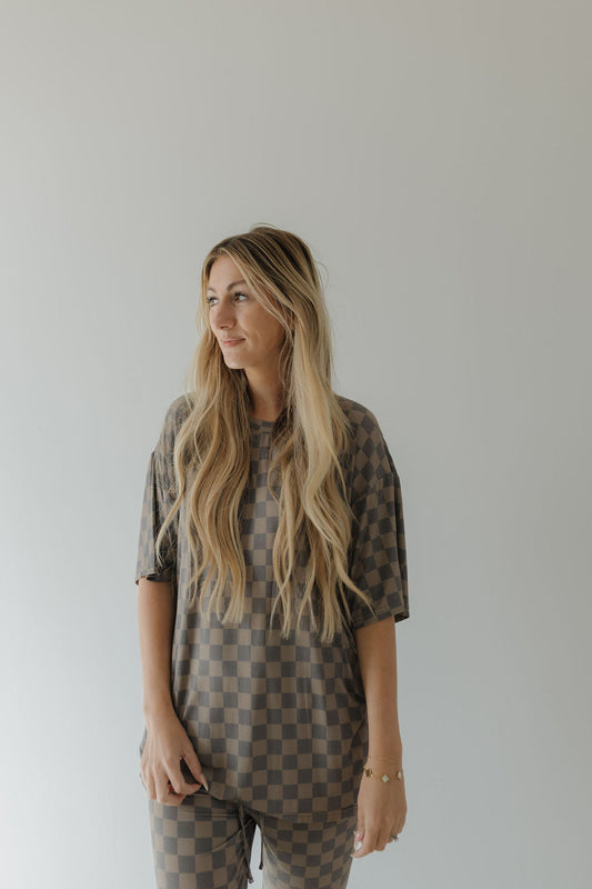 Short Sleeve Women's Bamboo Pajama | Faded Brown Checkerboard