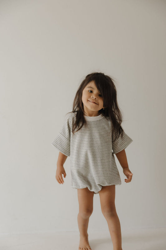 Terry T-Shirt Romper | Grey Stripe