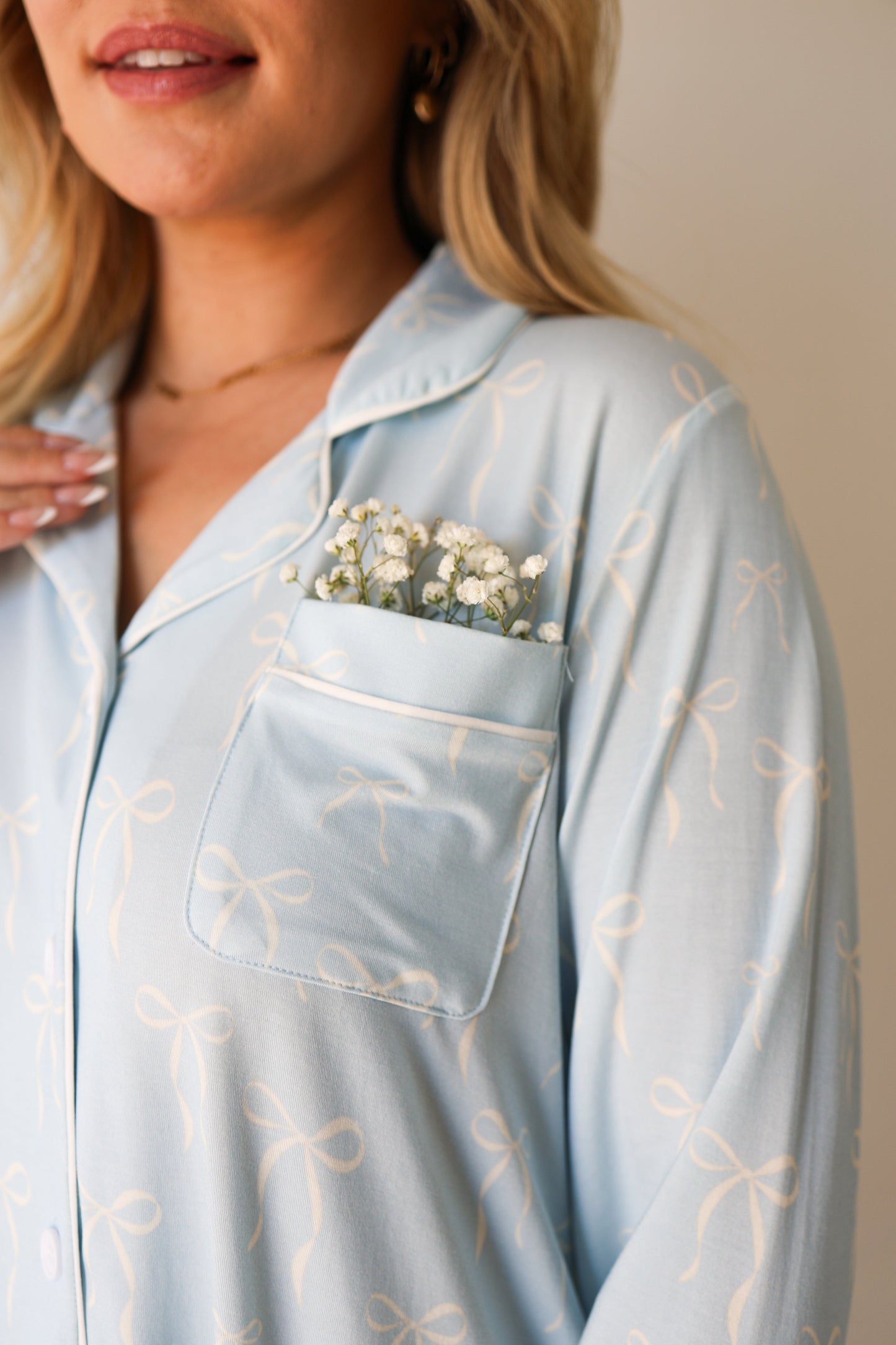 Women's Bamboo Button Up Lounge Set | Blue Bows