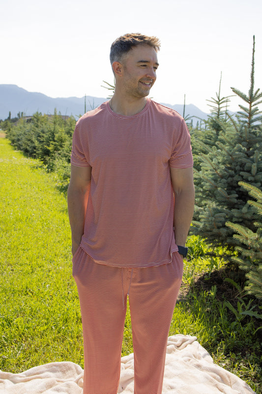 Men's Short Sleeve Pajamas | Peppermint Stripe Ribbed