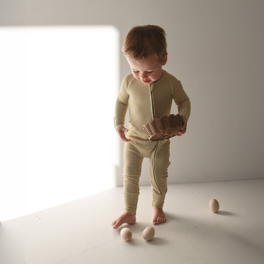Bamboo Zip Pajamas | Willow Stripe Ribbed