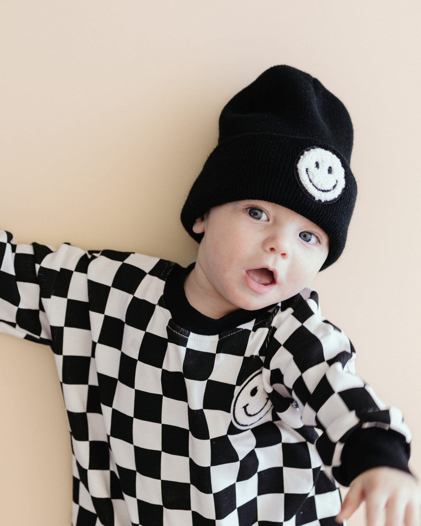 Bubble Romper | Checkered Smiley Black