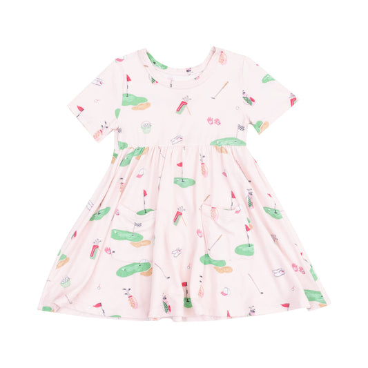 Short Sleeve Twirly Dress - Golf Things Pink