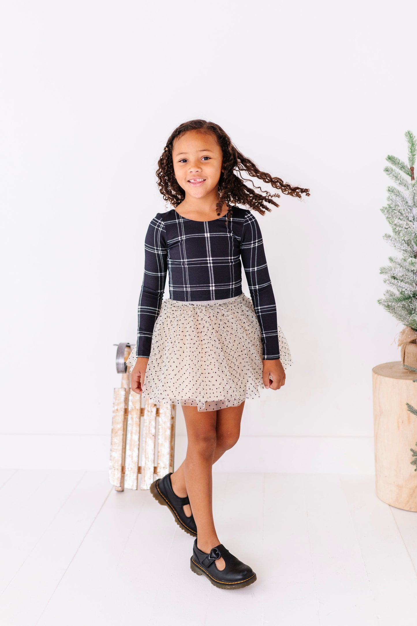 Black Plaid | CROPPED Bow Back Long Sleeve Top