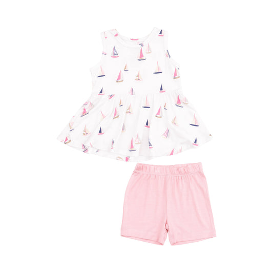 Peplum Tank Top and Bike Short - Sailboats Pink