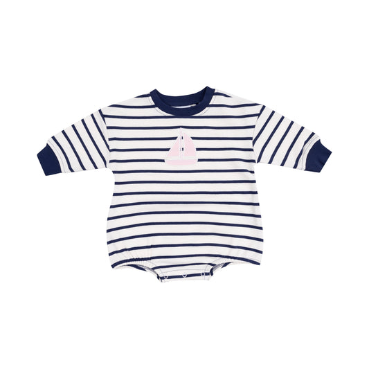 French Terry Sweatshirt Bubble with Pink Sailboat Applique - Navy Stripe