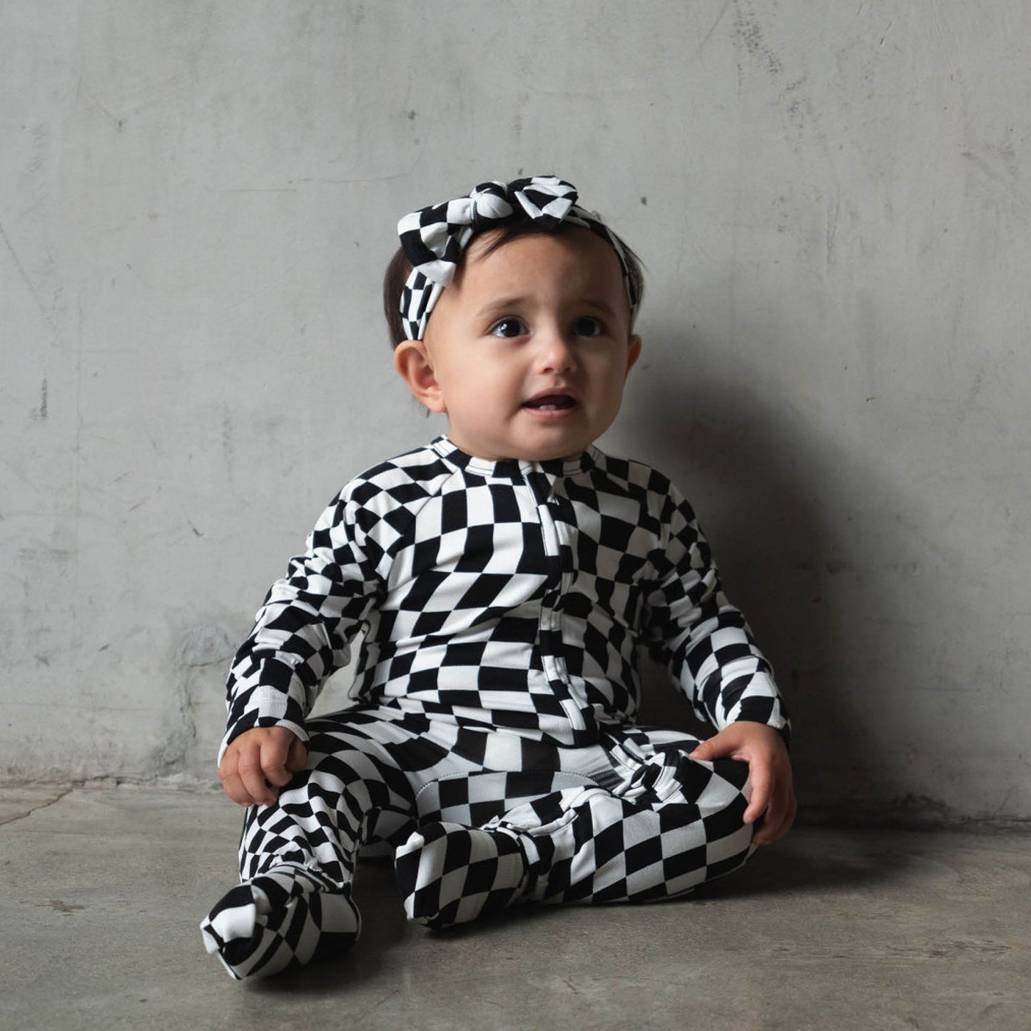 B&W Wavy Checker | Bamboo Zip Romper