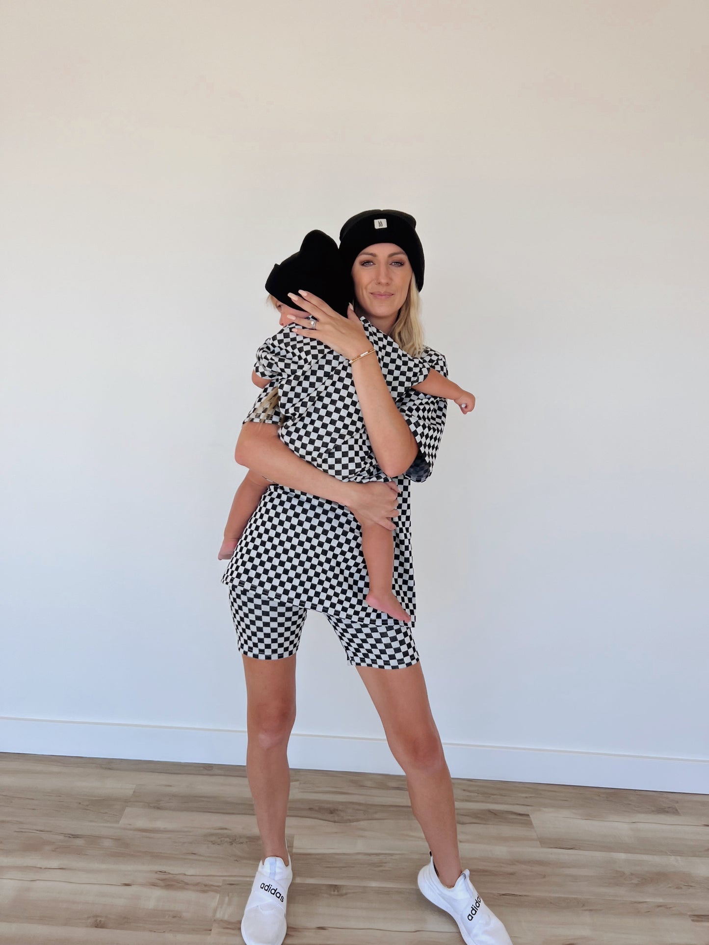 Short Sleeve Ribbed Romper | Black & Grey Checkerboard