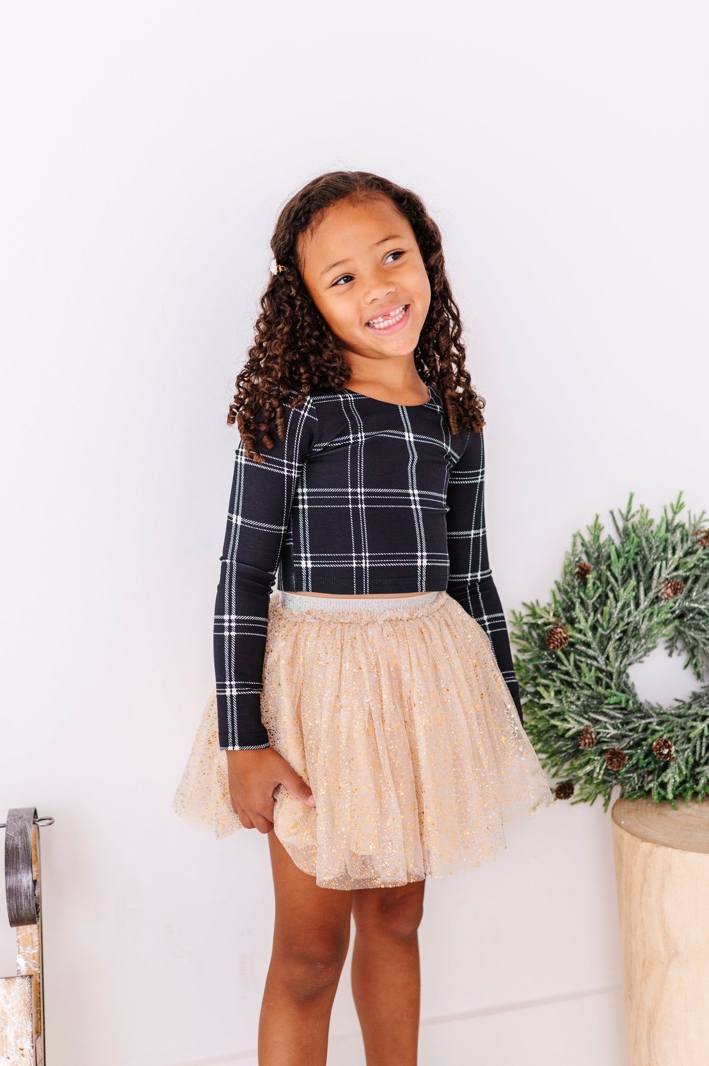 Black Plaid | CROPPED Bow Back Long Sleeve Top