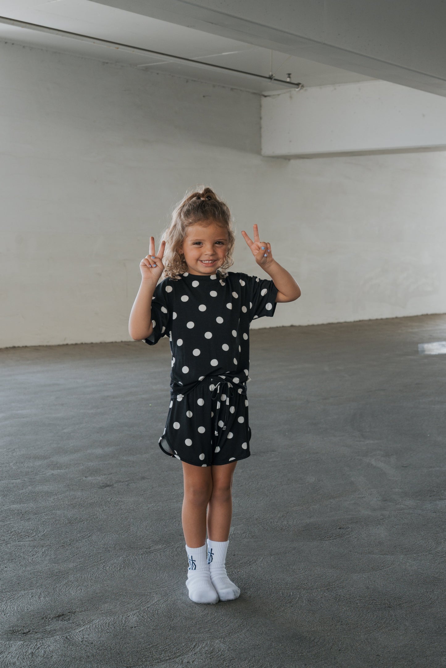 Girl's Bamboo Short Set | B&W Polka Dot