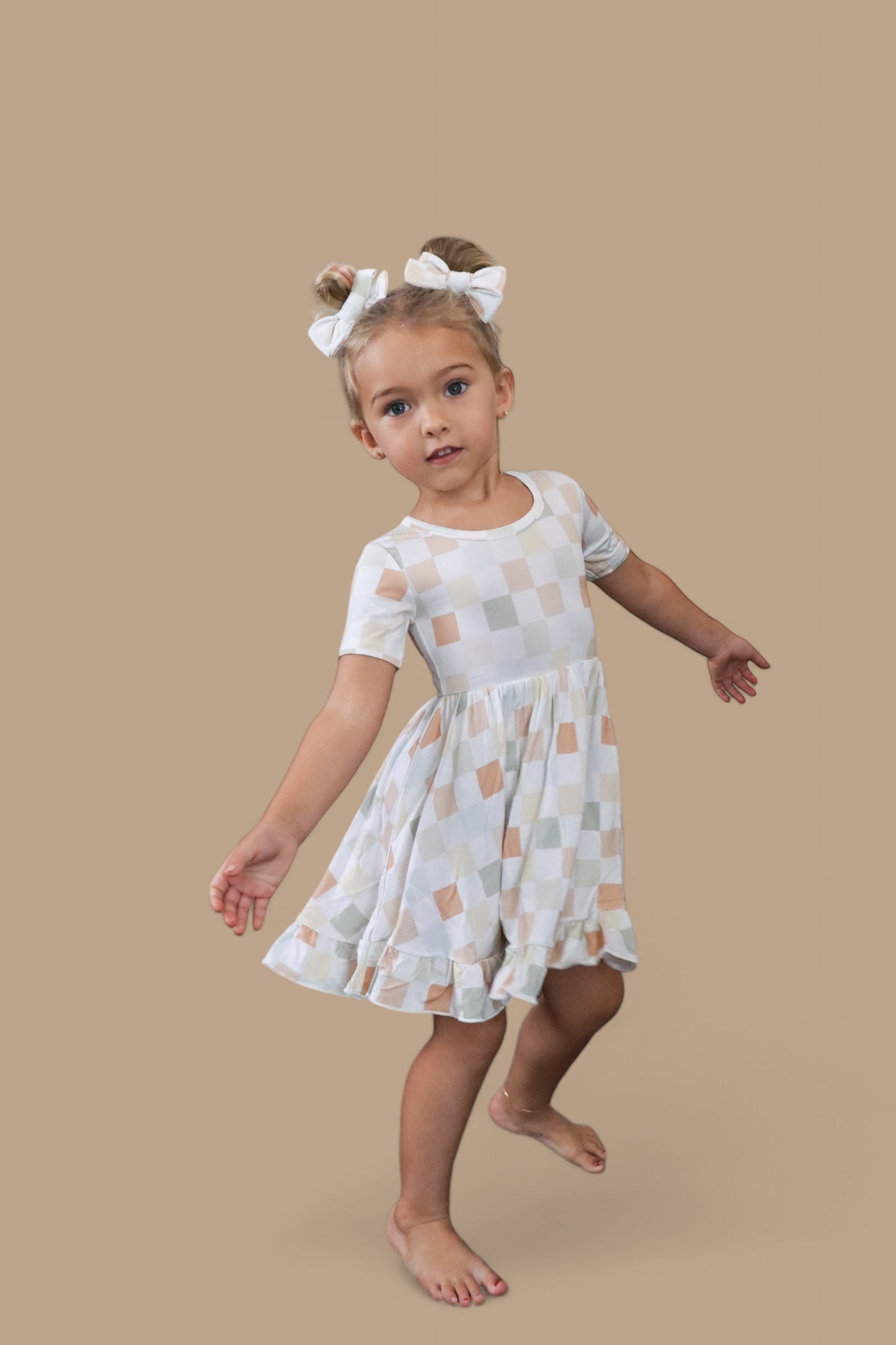 MUTED CHECKERS DREAM RUFFLE DRESS