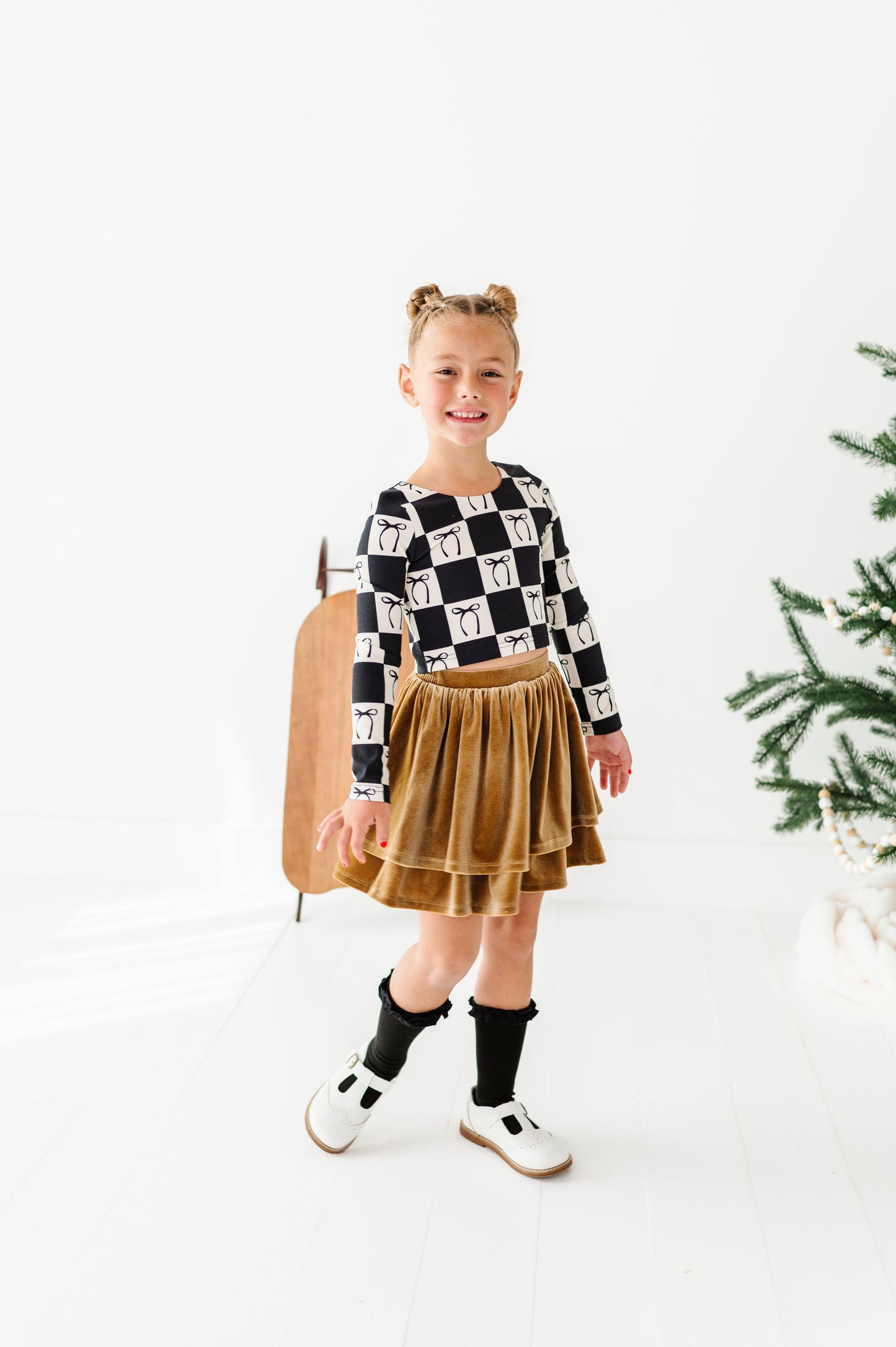 Checkered Bow | CROPPED Bow Back Long Sleeve Top