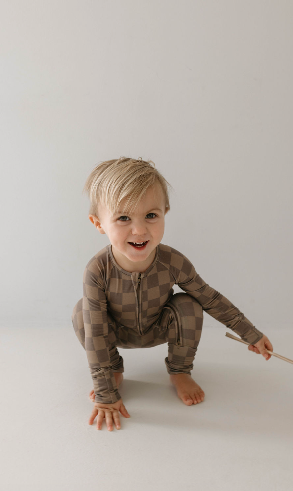 Bamboo Zip Pajamas | Faded Brown Checkerboard