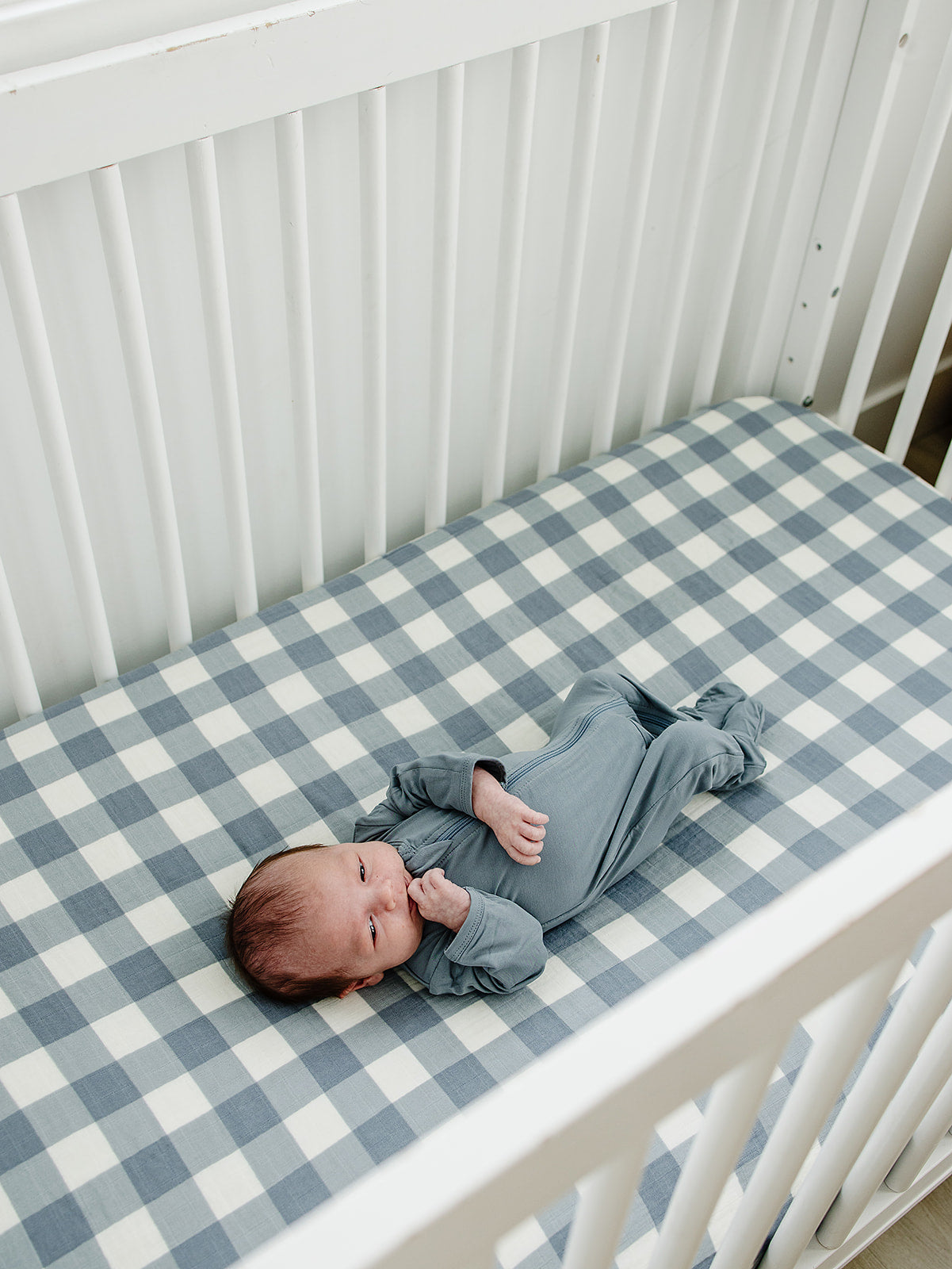 Dusty Blue Gingham Muslin Crib Sheet