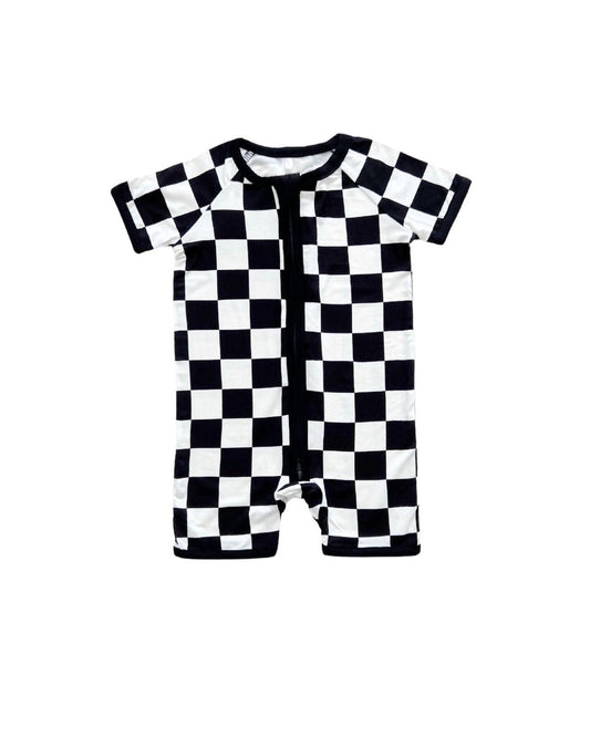 Bamboo Shorty Romper | Black Checkered