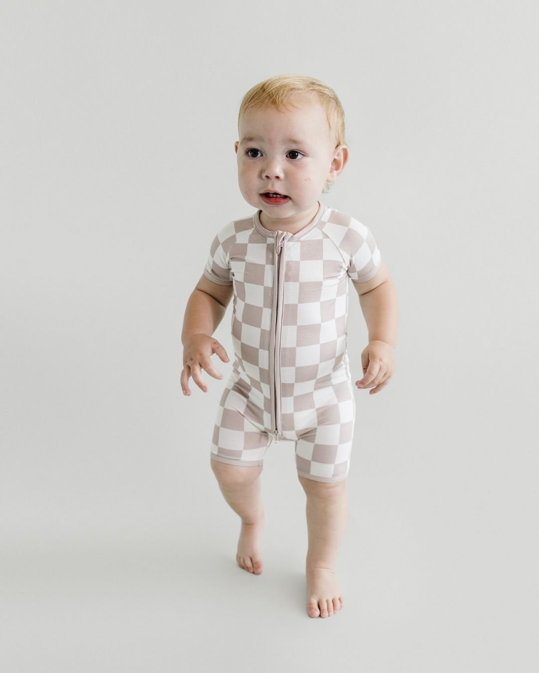 Bamboo Shorty Romper | Latte Checkered