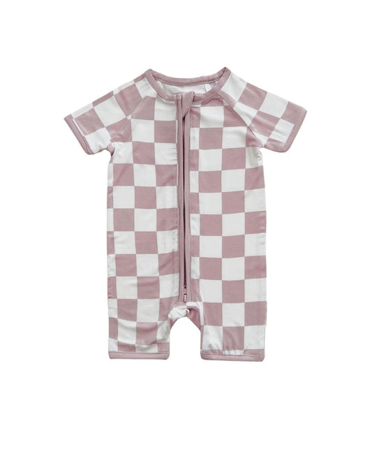 Bamboo Shorty Romper | Latte Checkered