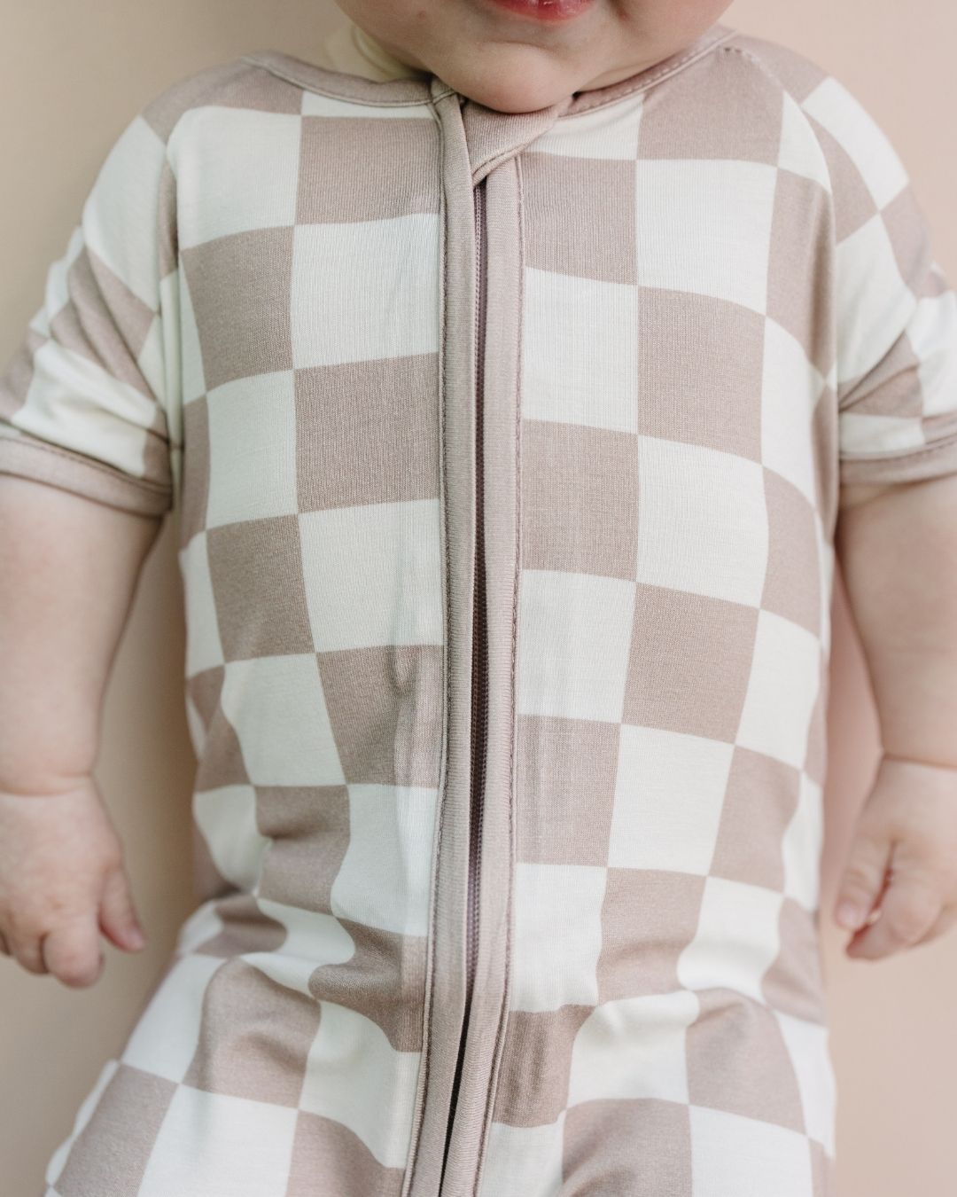 Bamboo Shorty Romper | Latte Checkered