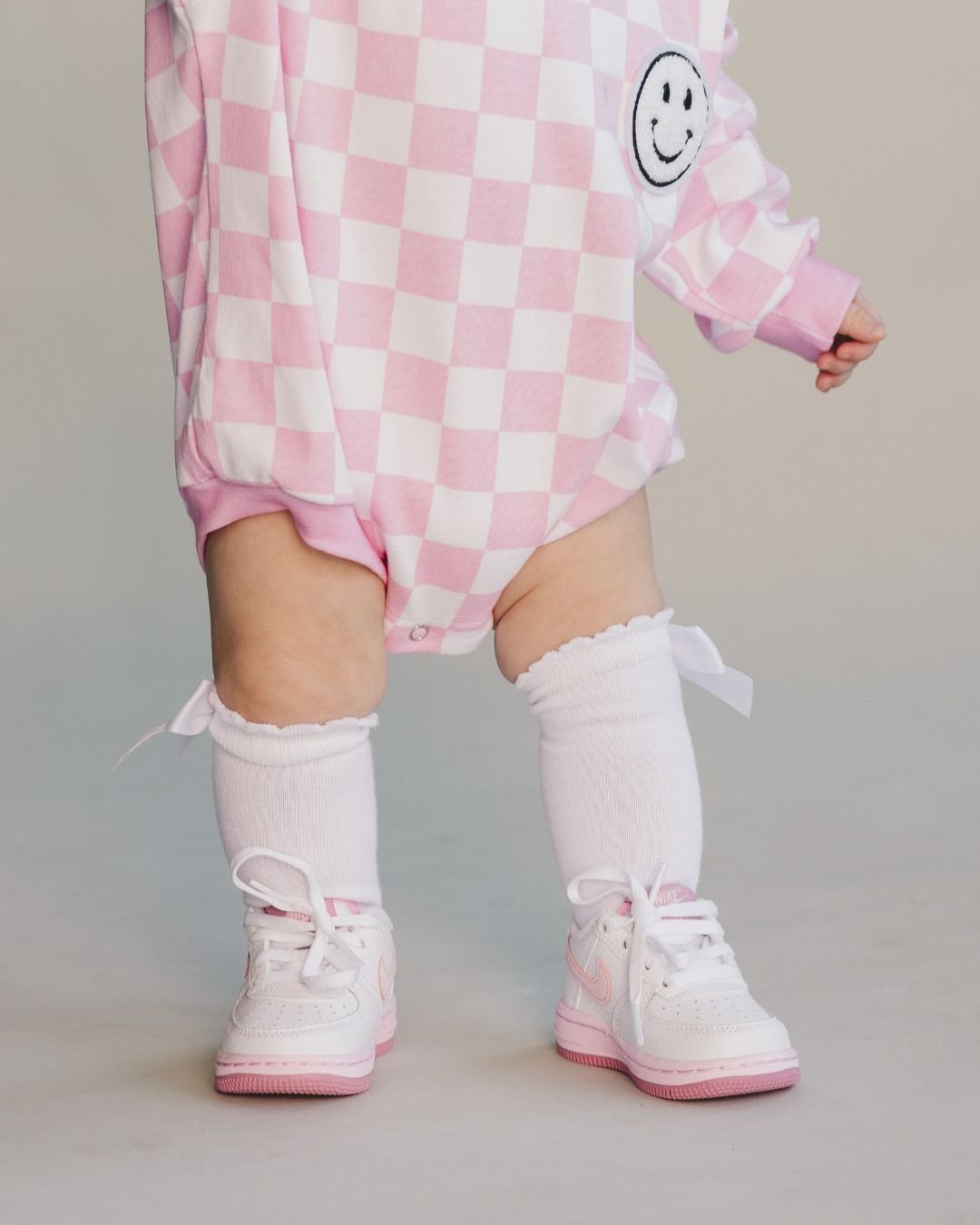 Bubble Romper | Checkered Smiley Pink