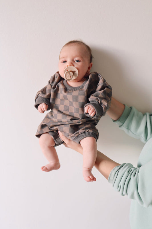 Sweatshirt Romper | Faded Brown Checkerboard